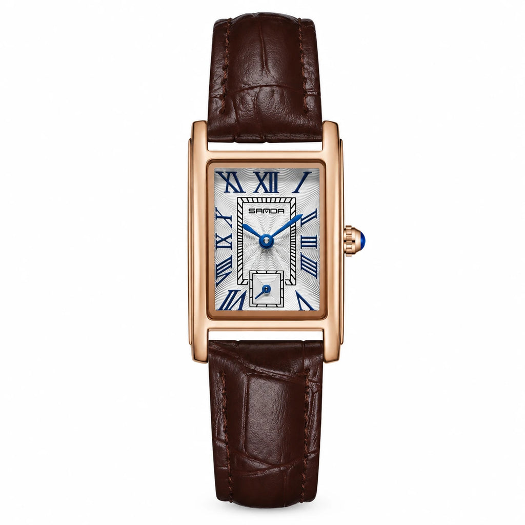 Montre Femme Rectangulaire à Chiffres Romains et Bracelet Cuir - Or rose et marron