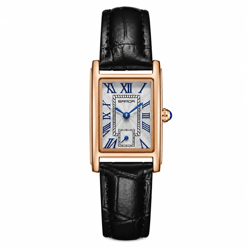 Montre Femme Rectangulaire à Chiffres Romains et Bracelet Cuir - Or rose et noir