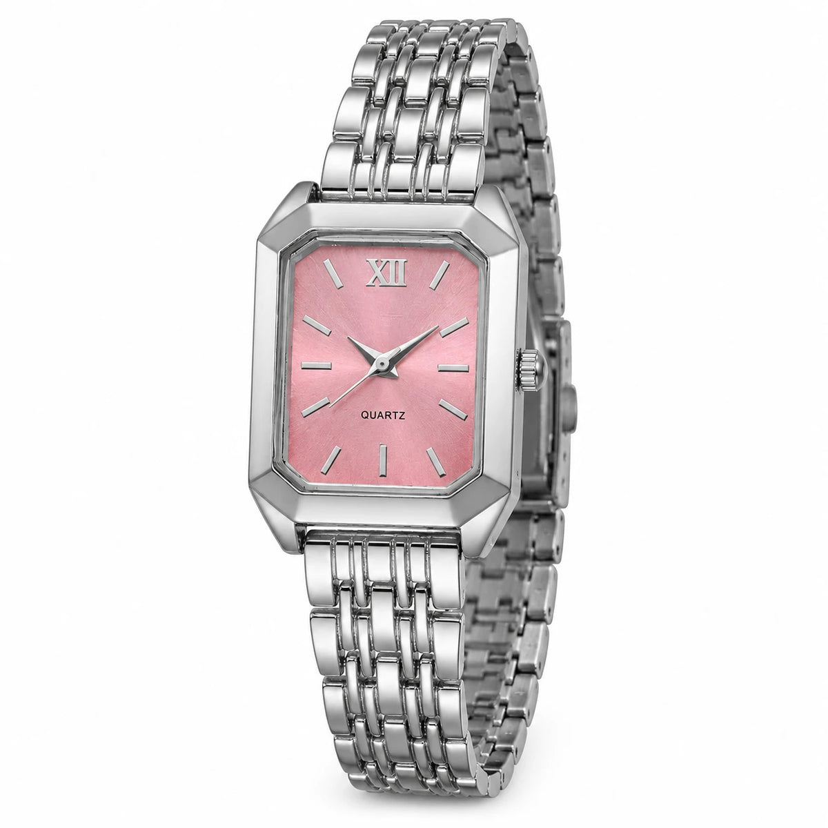 Montre Femme Rectangulaire Bracelet Acier Doré Quartz - Fond blanc, autre angle