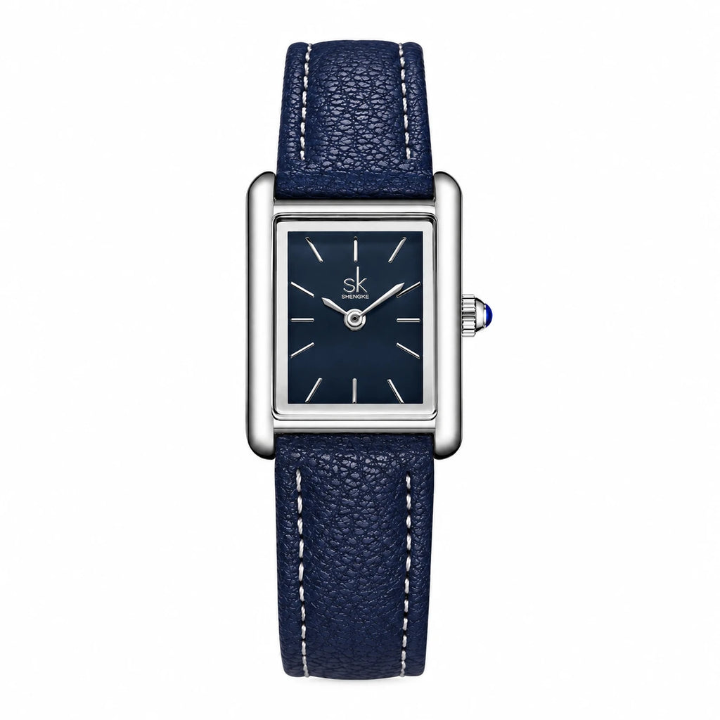 Montre Femme Rectangulaire Bracelet Cuir Bleu Marine - blue