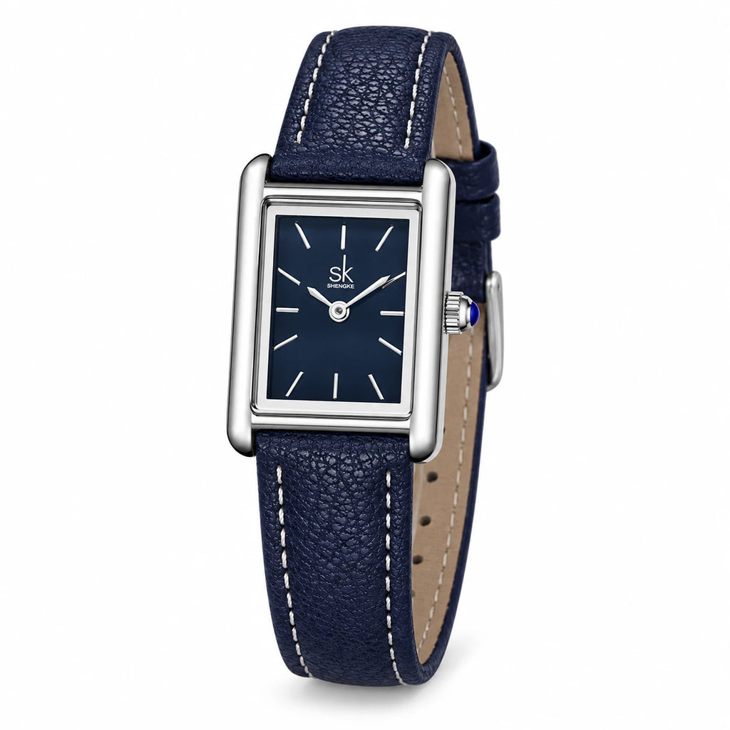 Montre Femme Rectangulaire Bracelet Cuir Bleu Marine - Fond blanc, autre angle