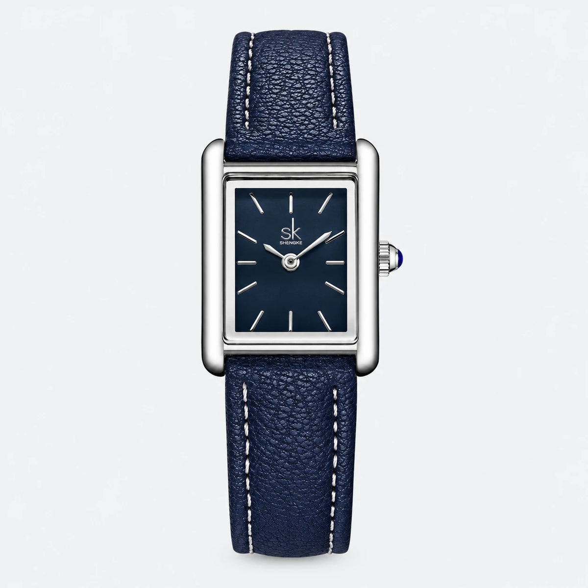 Montre Femme Rectangulaire Bracelet Cuir Bleu Marine - Fond gris clair