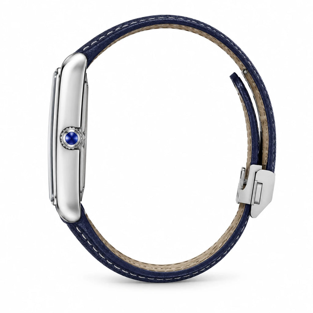 Montre Femme Rectangulaire Bracelet Cuir Bleu Marine - Photo côté