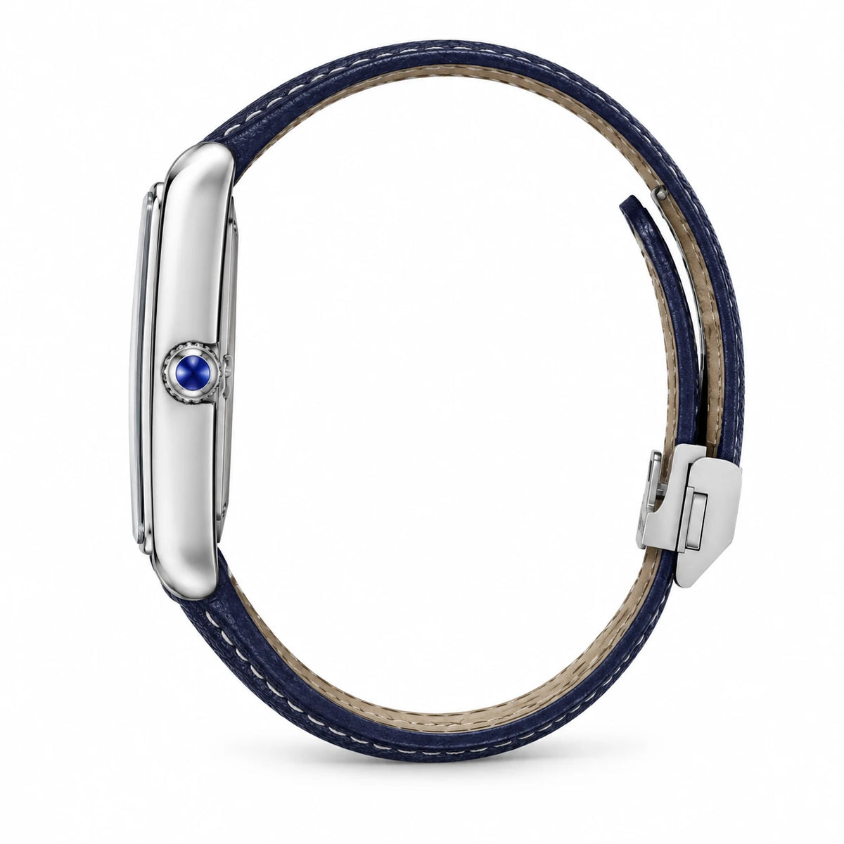 Montre Femme Rectangulaire Bracelet Cuir Bleu Marine - Photo côté