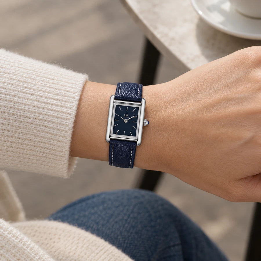 Montre Femme Rectangulaire Bracelet Cuir Bleu Marine - Utilisation du produit - classique