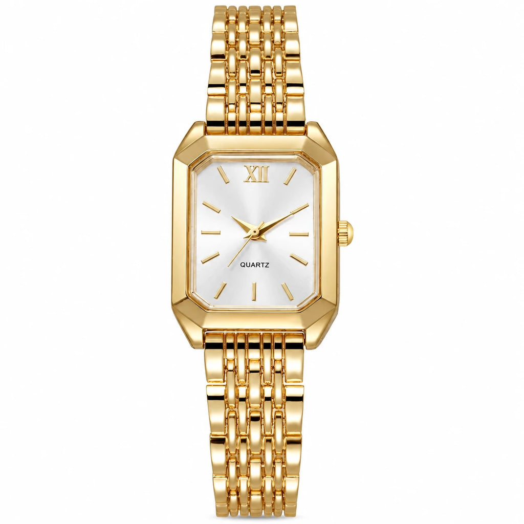 Montre Femme Rectangulaire Dorée à Cadran Sobre - Blanc