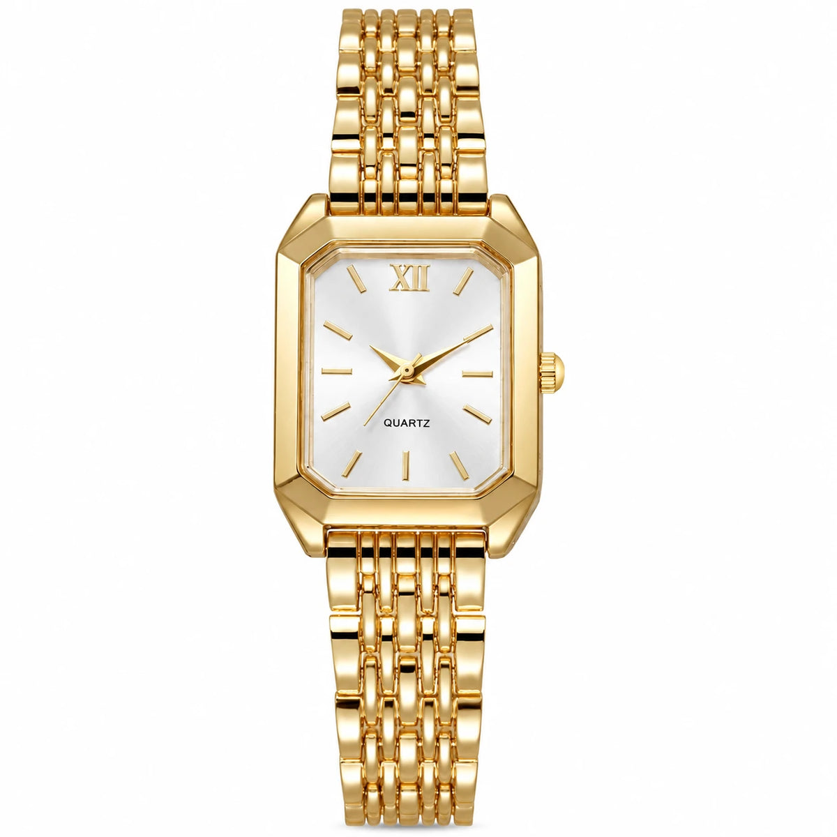 Montre Femme Rectangulaire Dorée à Cadran Sobre - Blanc