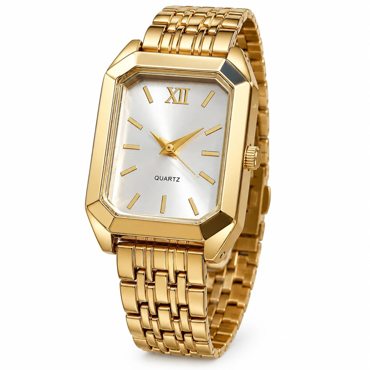 Montre Femme Rectangulaire Dorée à Cadran Sobre - Fond blanc, autre angle