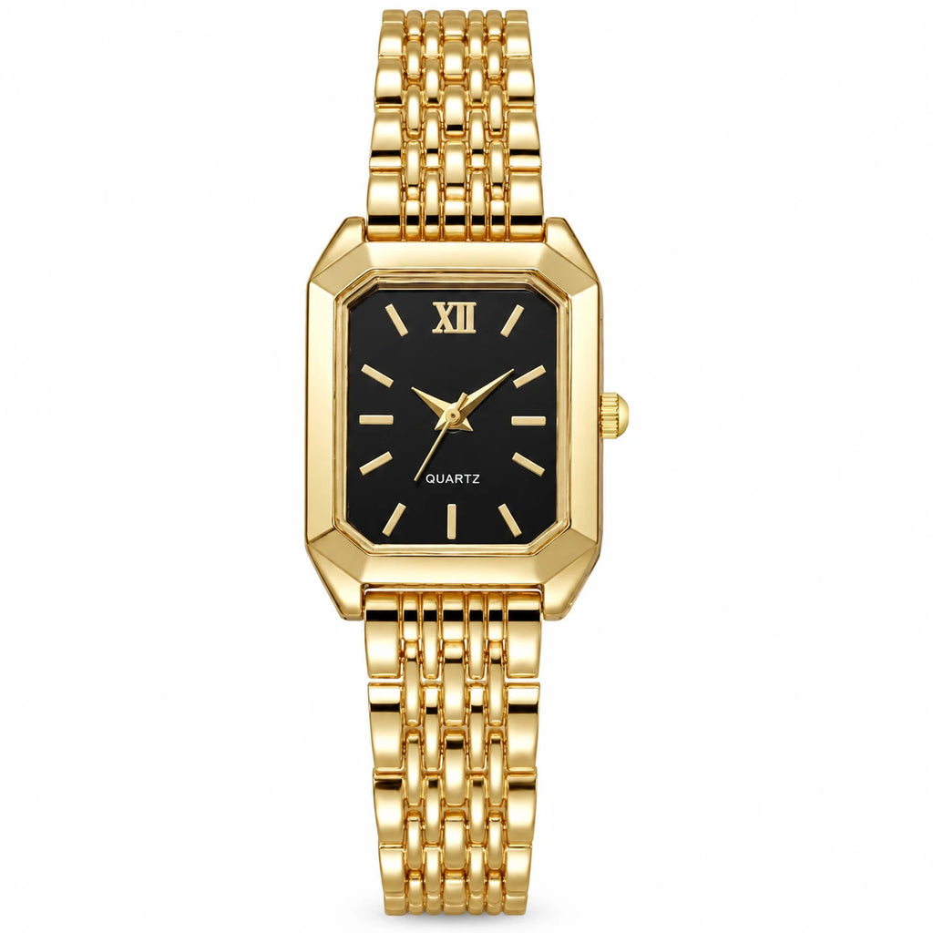 Montre Femme Rectangulaire Dorée à Cadran Sobre - Noir