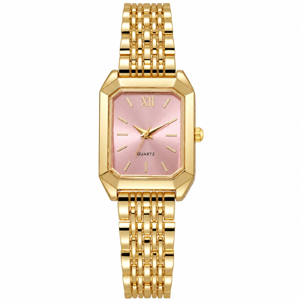 Montre Femme Rectangulaire Dorée à Cadran Sobre - Rose