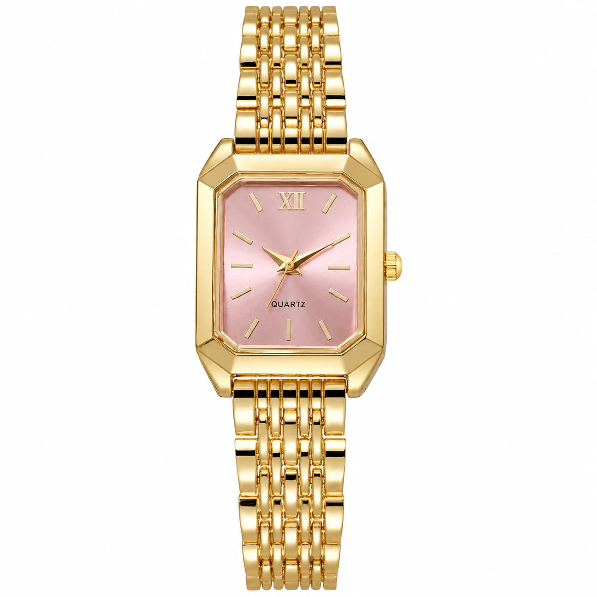 Montre Femme Rectangulaire Dorée à Cadran Sobre - Rose