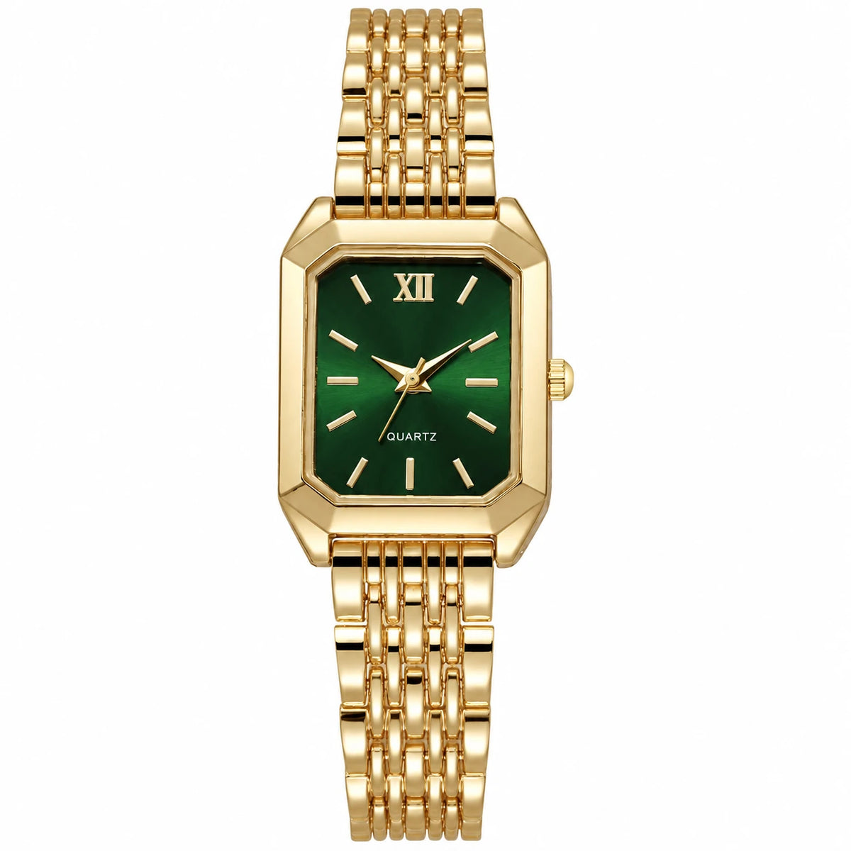 Montre Femme Rectangulaire Dorée à Cadran Sobre - Vert