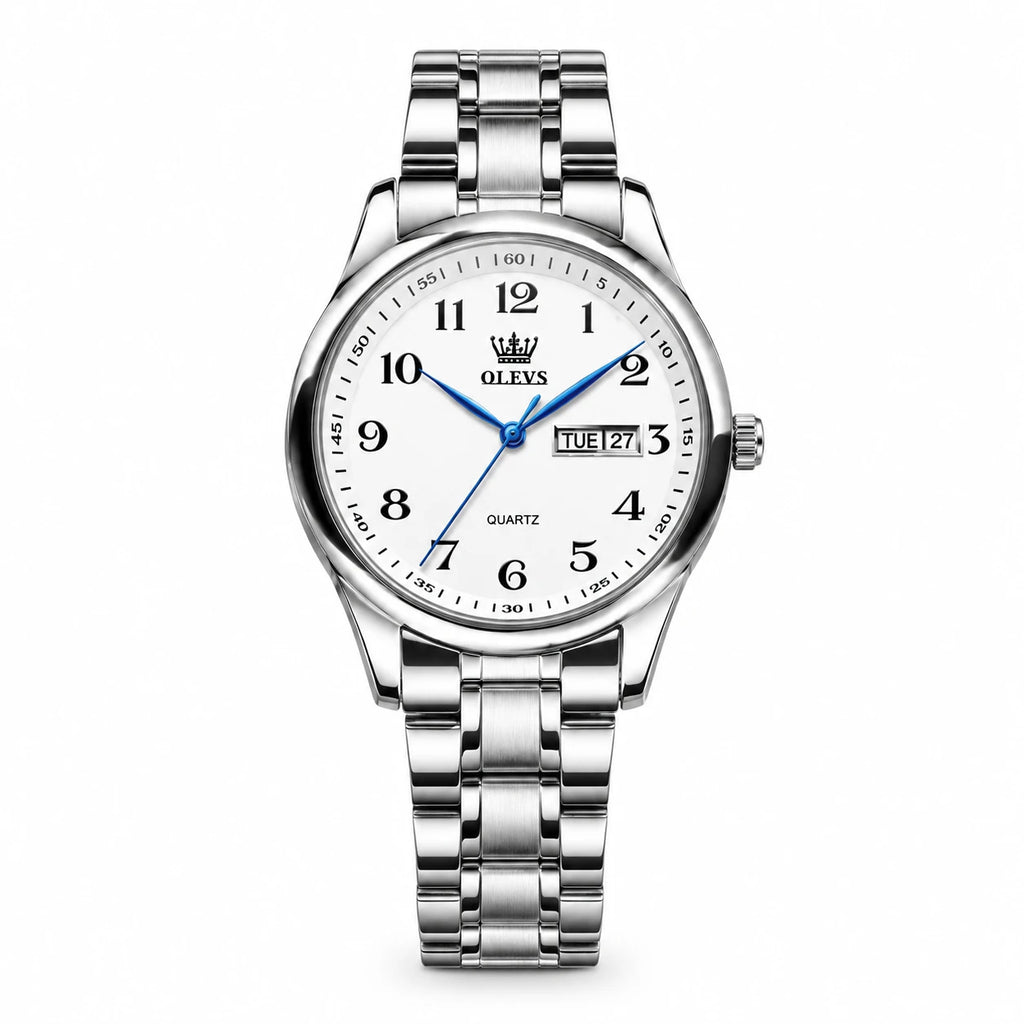 Montre Jour-Date Bicolore à Cadran Blanc et Chiffres - Argent, cadran blanc