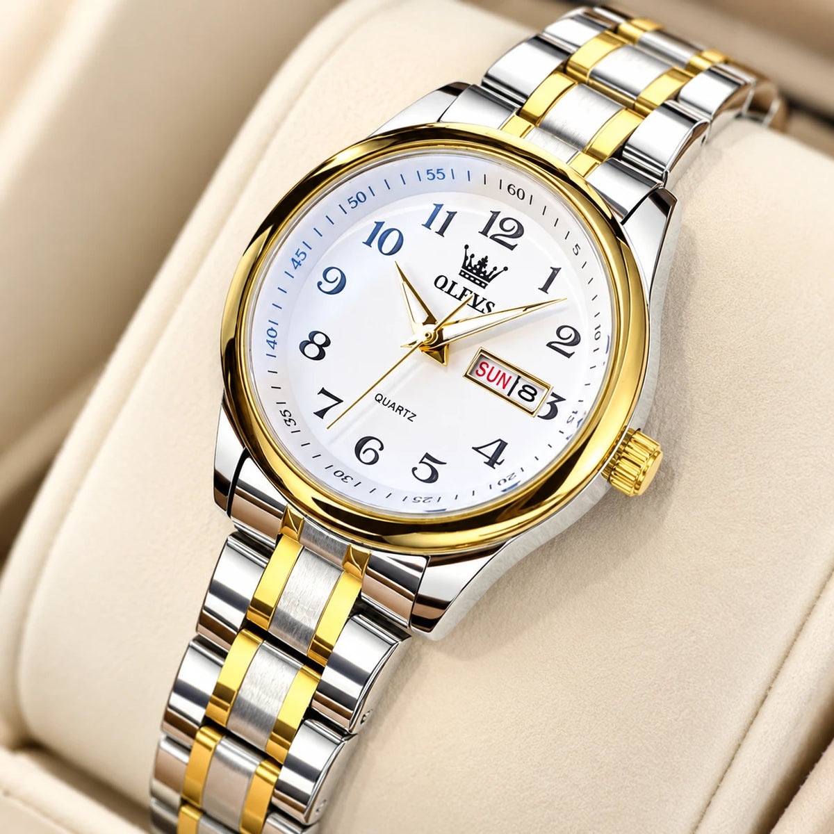 Montre Jour-Date Bicolore à Cadran Blanc et Chiffres - Détail matière