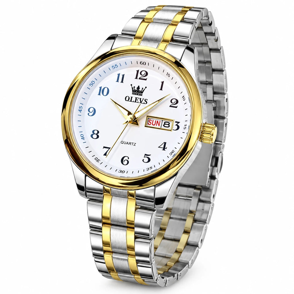 Montre Jour-Date Bicolore à Cadran Blanc et Chiffres - Fond blanc, autre angle