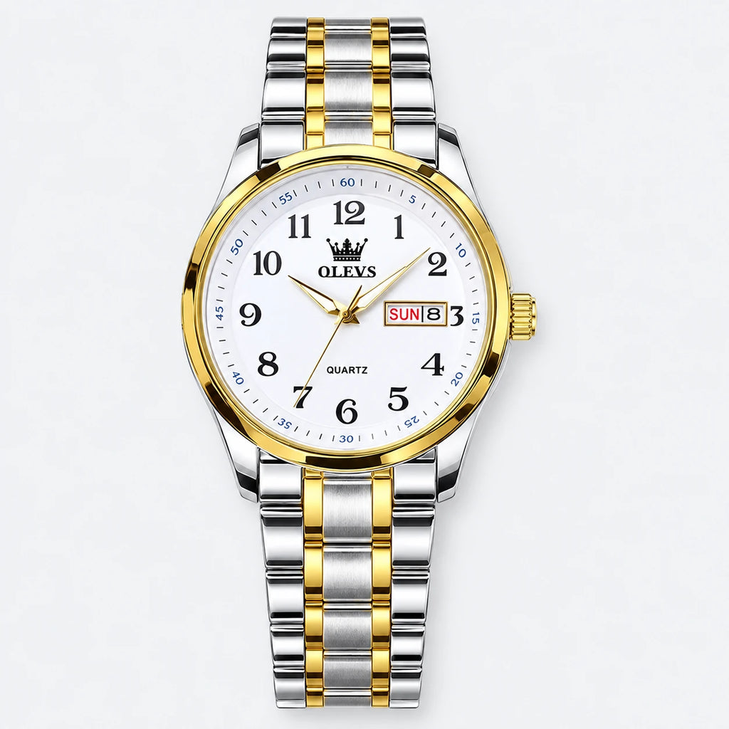 Montre Jour-Date Bicolore à Cadran Blanc et Chiffres - Fond gris clair