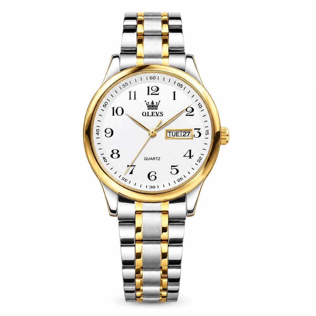 Montre Jour-Date Bicolore à Cadran Blanc et Chiffres - Or, cadran blanc