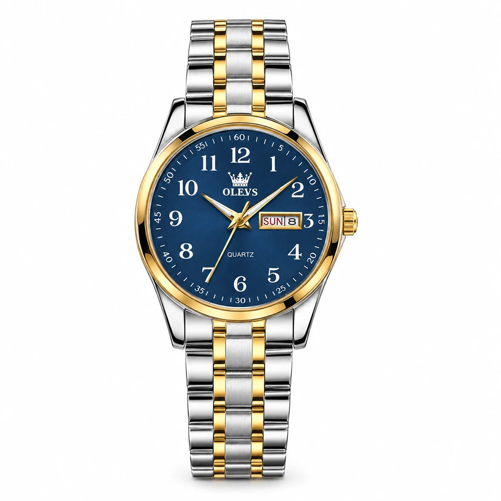 Montre Jour-Date Bicolore à Cadran Blanc et Chiffres - Or, cadran bleu