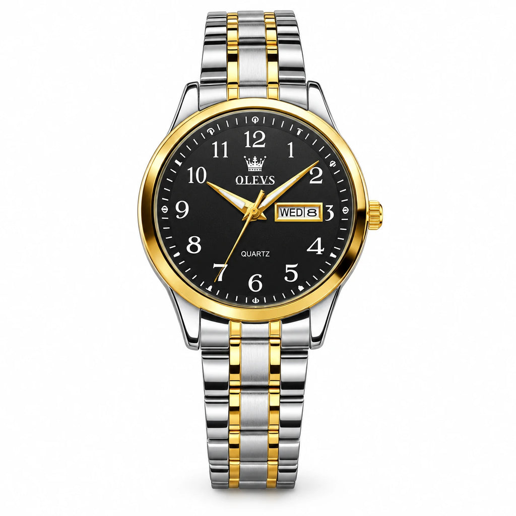 Montre Jour-Date Bicolore à Cadran Blanc et Chiffres - Or, cadran noir