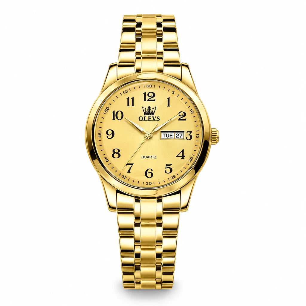 Montre Jour-Date Bicolore à Cadran Blanc et Chiffres - Tout or