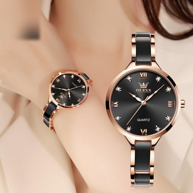 Montre luxe femme Ceramique Elegante coloris noir, gros plan cadran