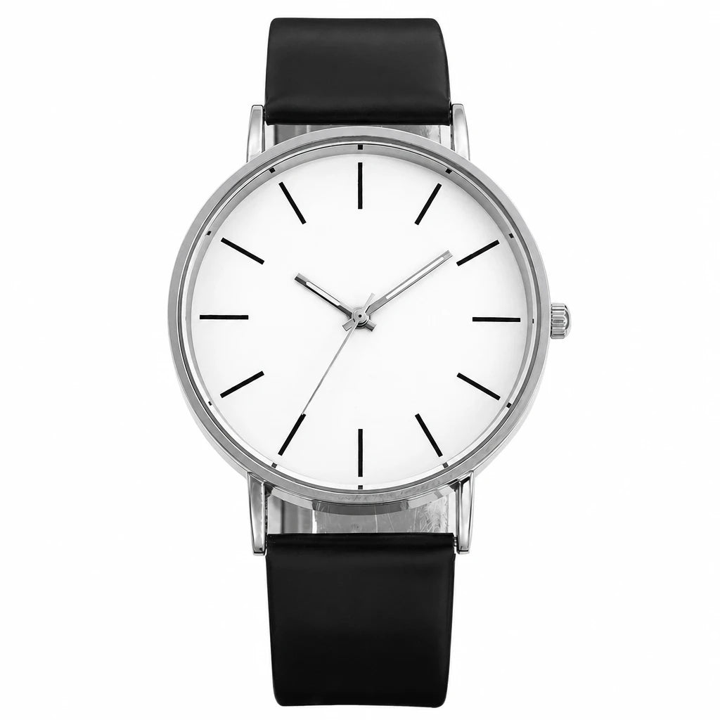 Montre Minimaliste Femme Cadran Ultra Fin Bracelet Cuir - Black White / No
