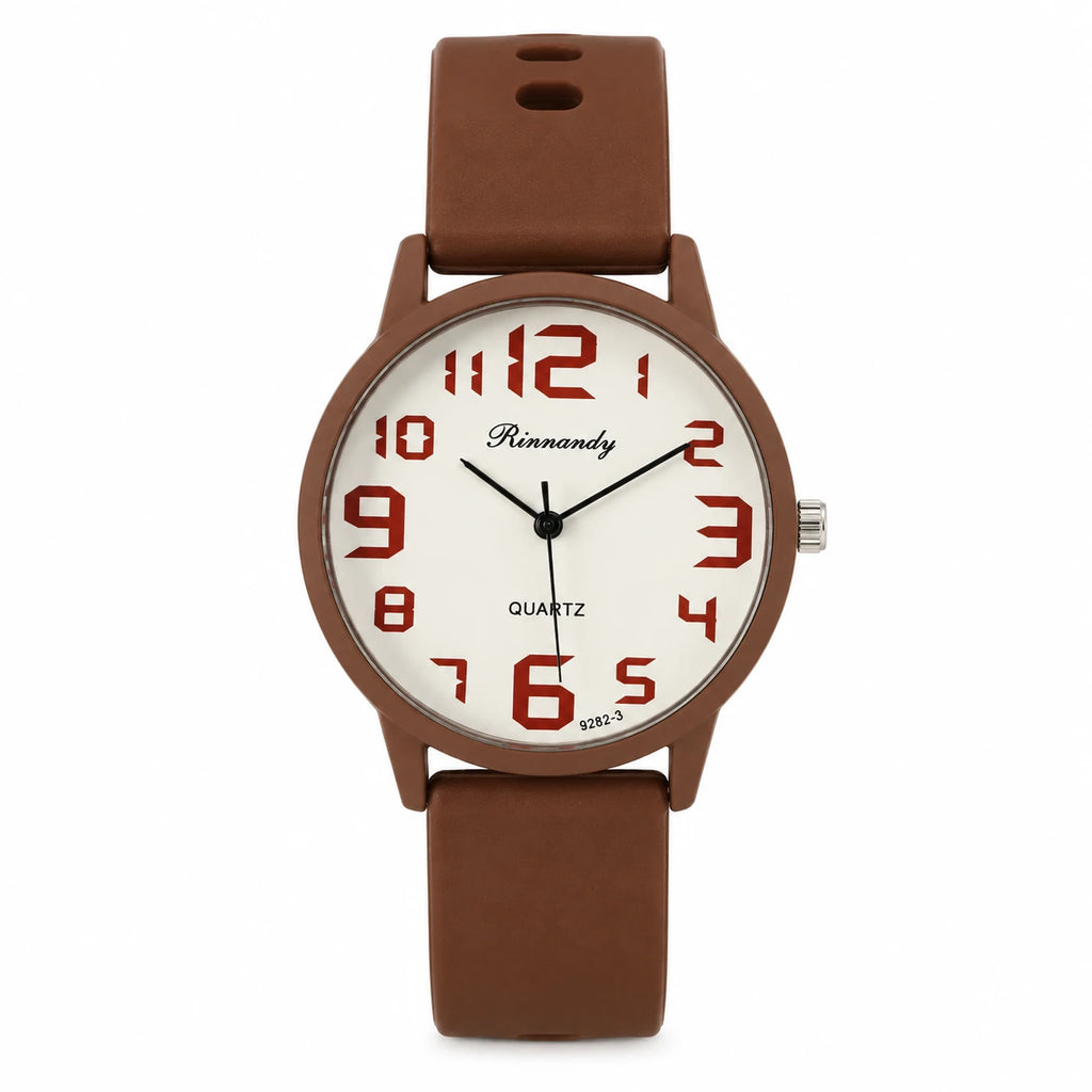 Montre Quartz Femme Cadran Lisible Bracelet Silicone - Marron