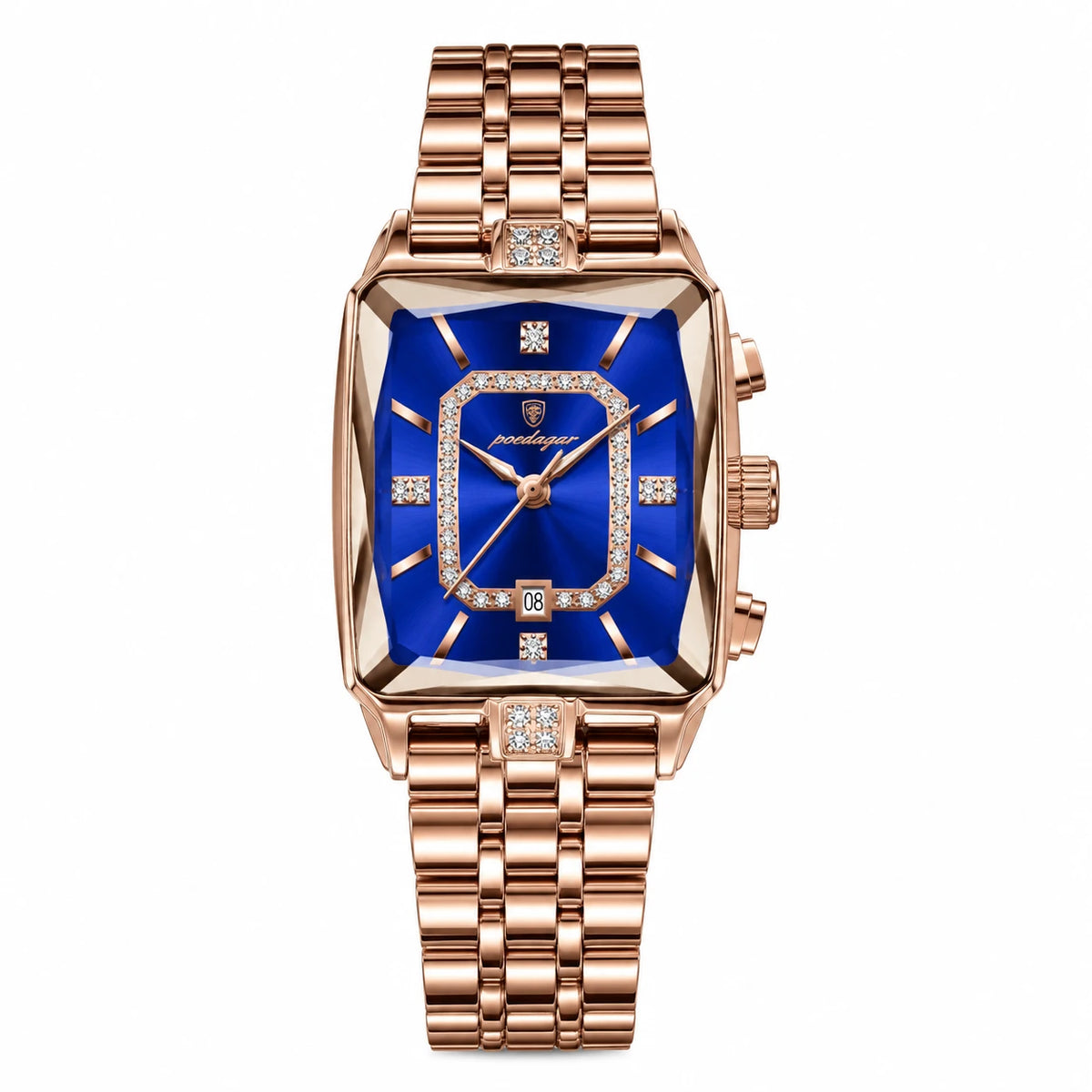 Montre Quartz Femme Rectangulaire Or Rose et Cadran Rouge - Bleu