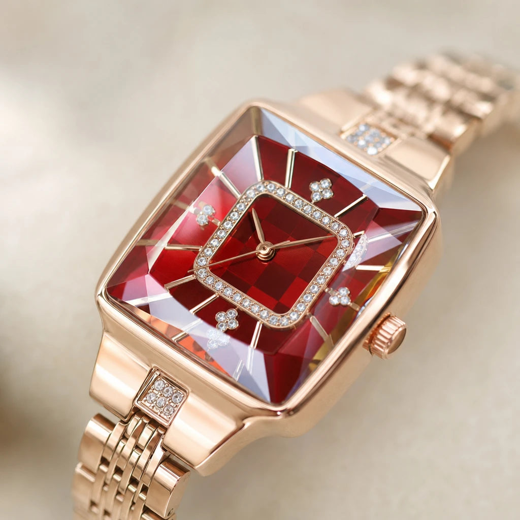 Montre Quartz Femme Rectangulaire Or Rose et Cadran Rouge - Détail matière