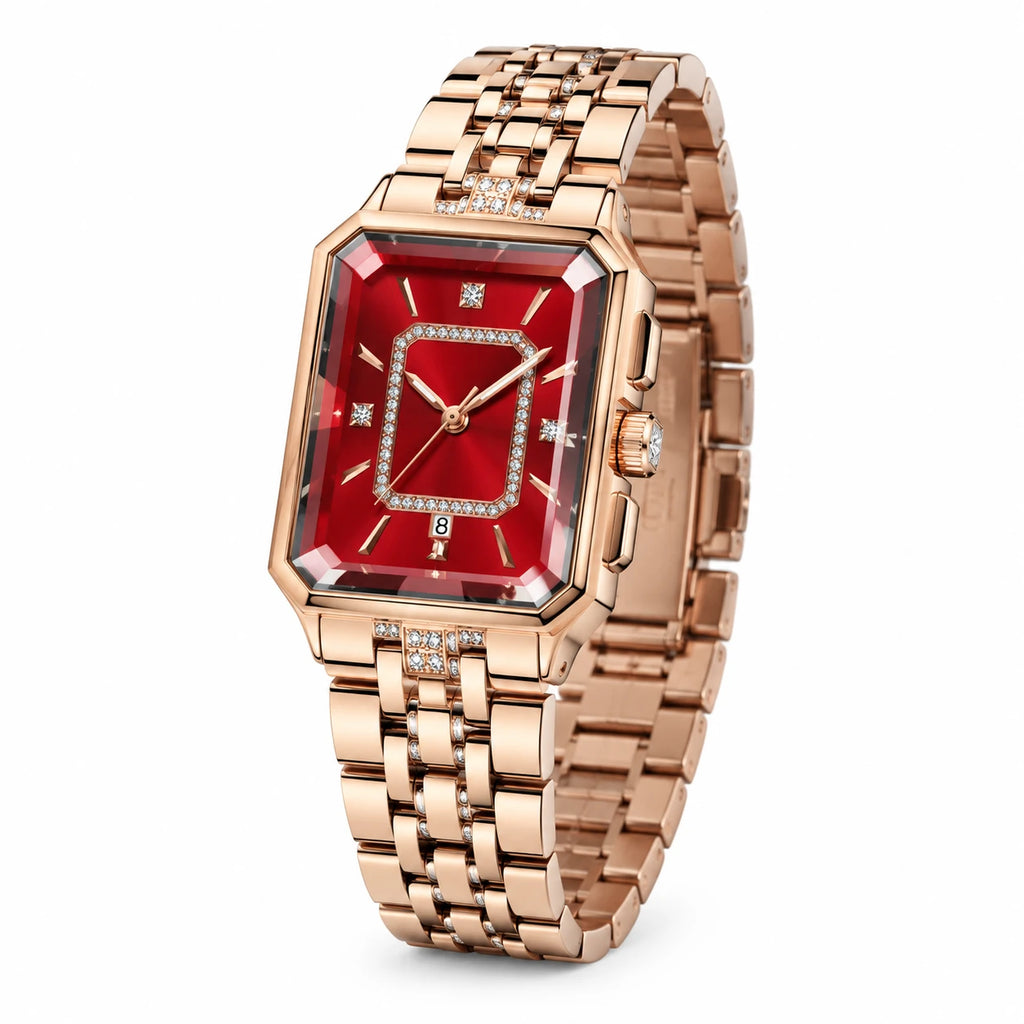 Montre Quartz Femme Rectangulaire Or Rose et Cadran Rouge - Fond blanc, autre angle