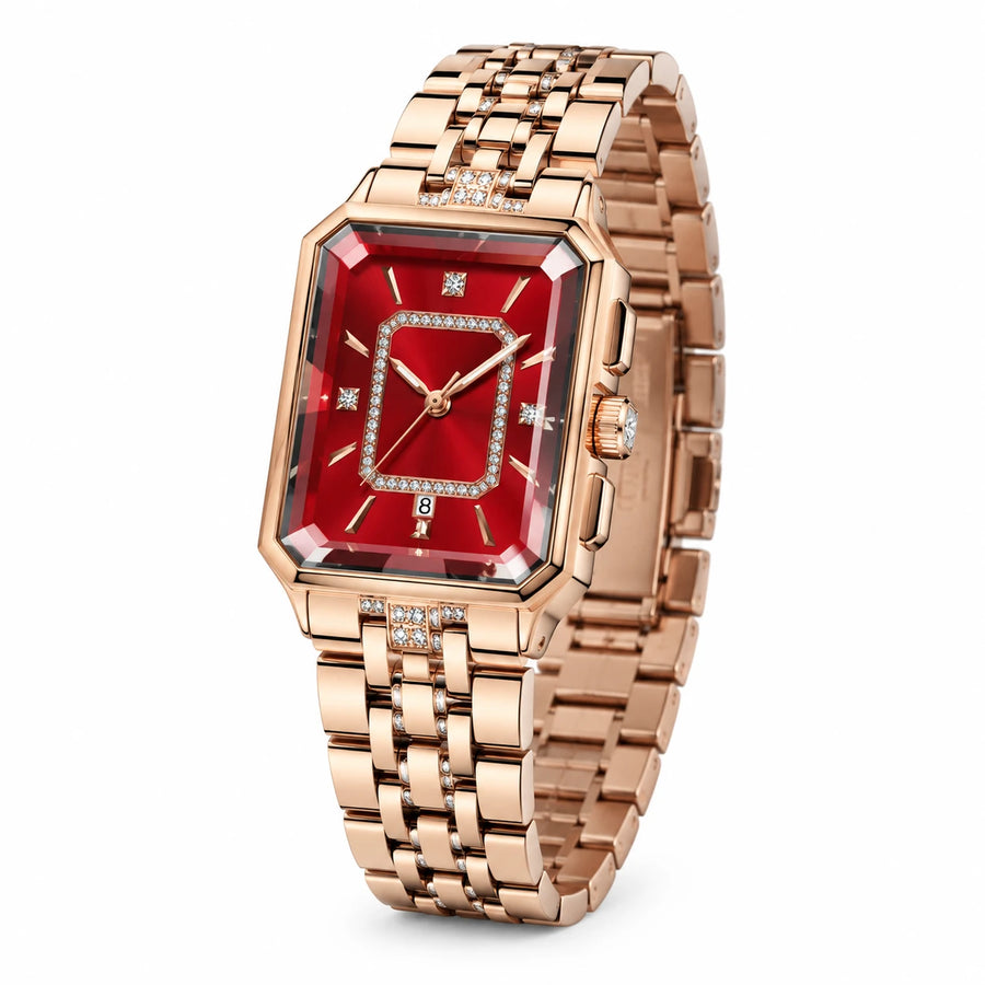 Montre Quartz Femme Rectangulaire Or Rose et Cadran Rouge - Fond blanc, autre angle