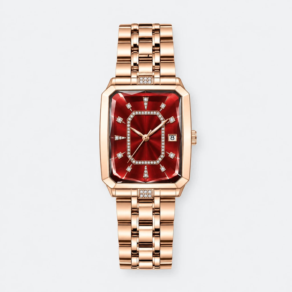 Montre Quartz Femme Rectangulaire Or Rose et Cadran Rouge - Fond gris clair