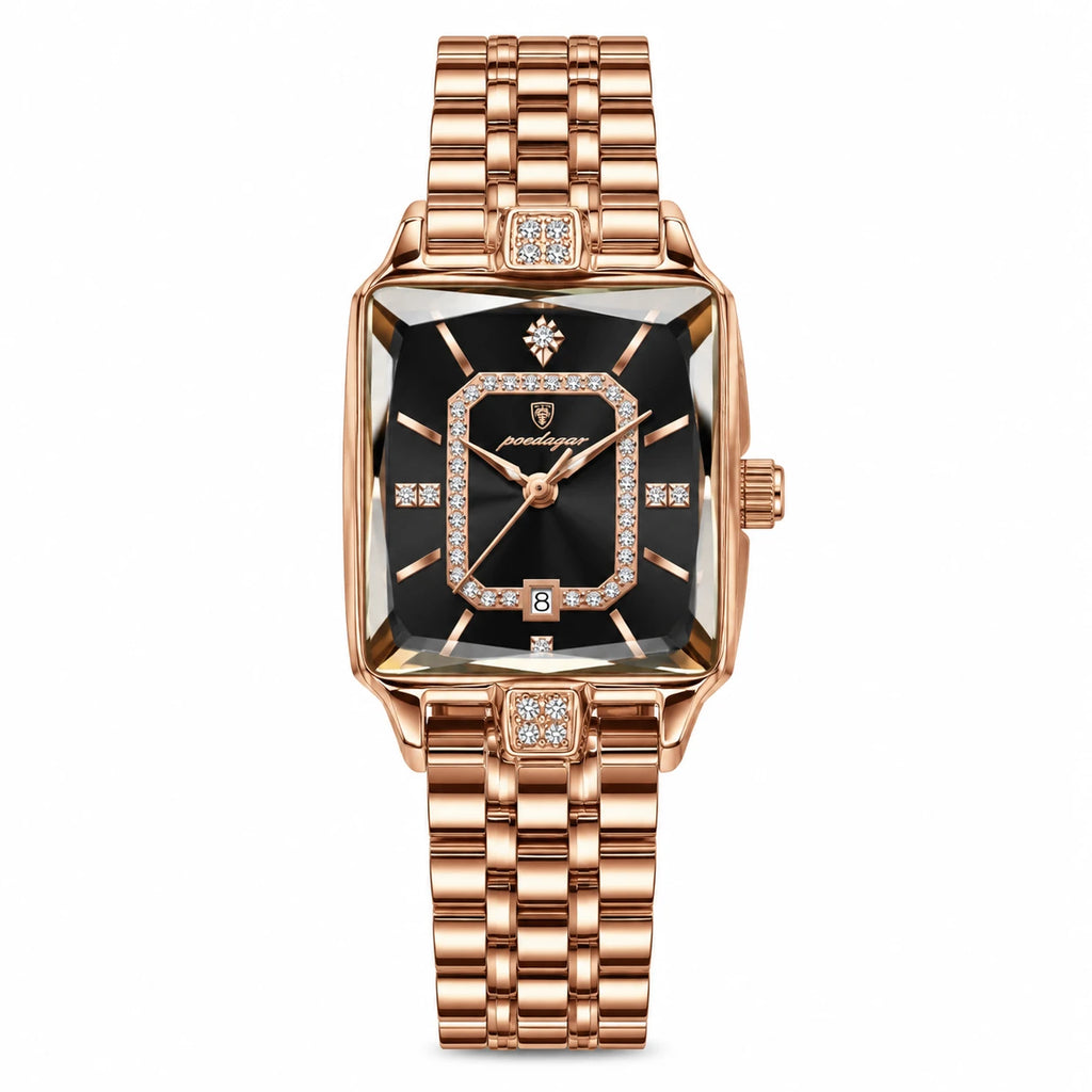 Montre Quartz Femme Rectangulaire Or Rose et Cadran Rouge - Noir