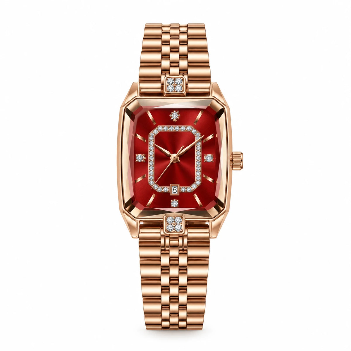 Montre Quartz Femme Rectangulaire Or Rose et Cadran Rouge - Rouge