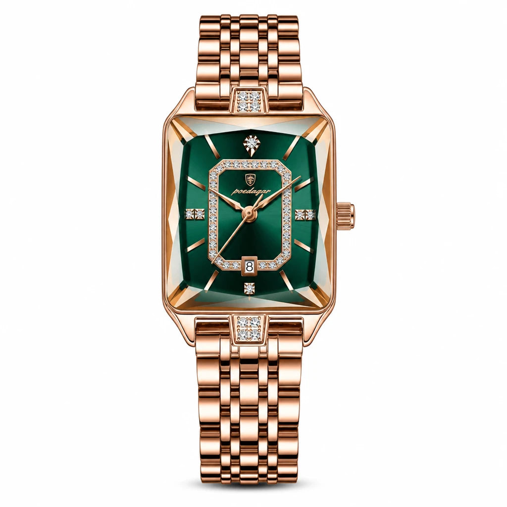 Montre Quartz Femme Rectangulaire Or Rose et Cadran Rouge - Vert