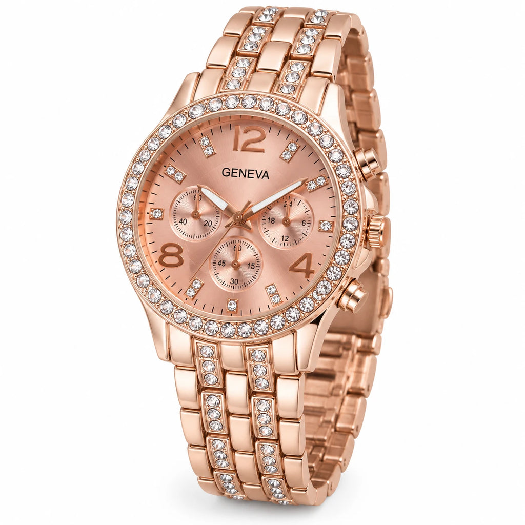 Montre Quartz Ornée Femme Cadran Décoré Bracelet Métal - Fond blanc, autre angle