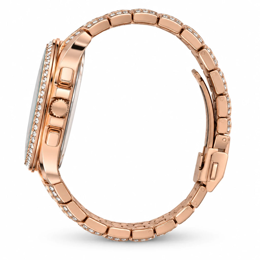 Montre Quartz Ornée Femme Cadran Décoré Bracelet Métal - Photo côté