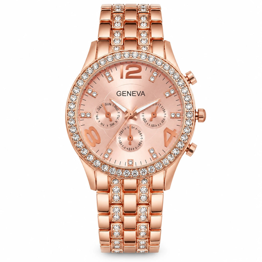 Montre Quartz Ornée Femme Cadran Décoré Bracelet Métal - Rose gold