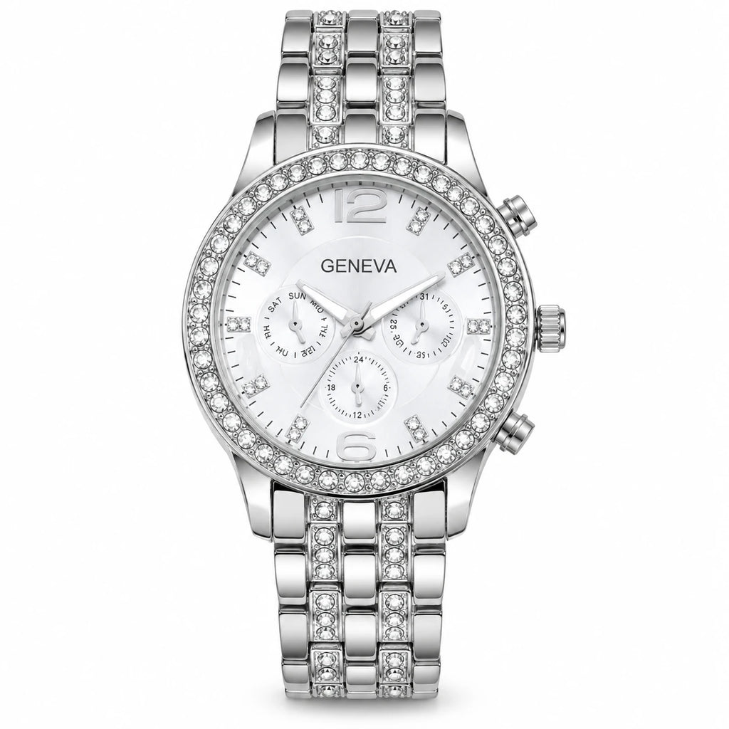 Montre Quartz Ornée Femme Cadran Décoré Bracelet Métal - Silver