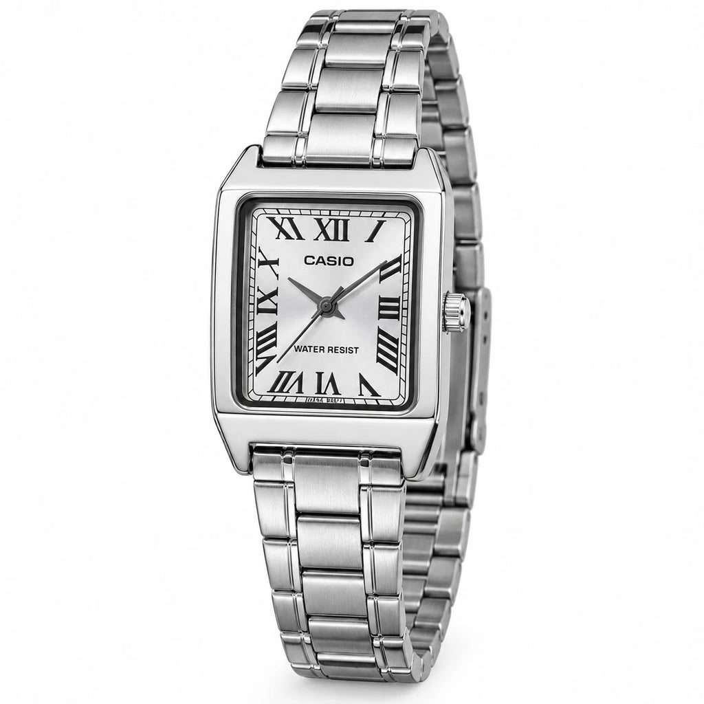 Montre Rectangulaire Argentée Femme Cadran Chiffres Romains - Fond blanc, autre angle