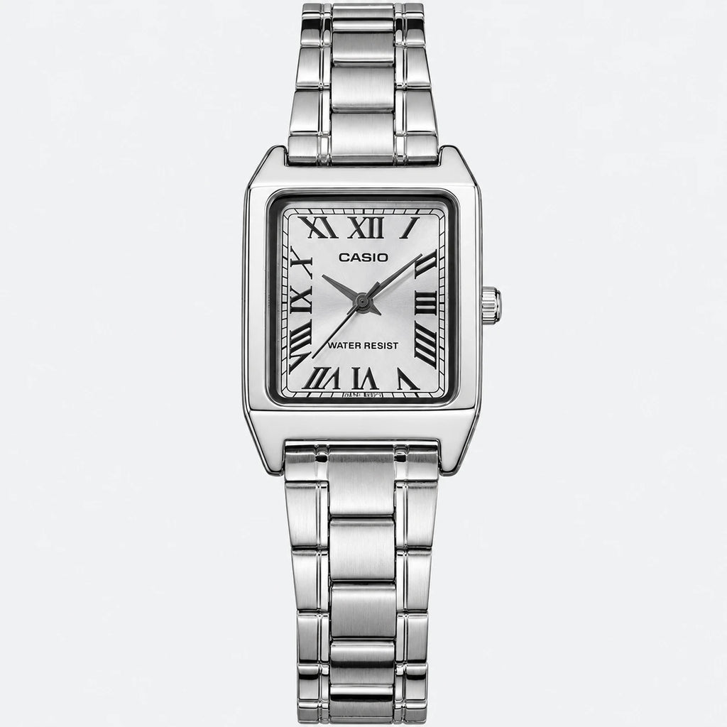 Montre Rectangulaire Argentée Femme Cadran Chiffres Romains - Fond gris clair