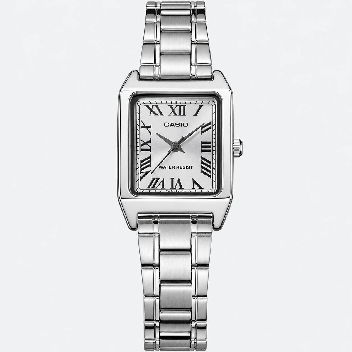 Montre Rectangulaire Argentée Femme Cadran Chiffres Romains - Fond gris clair