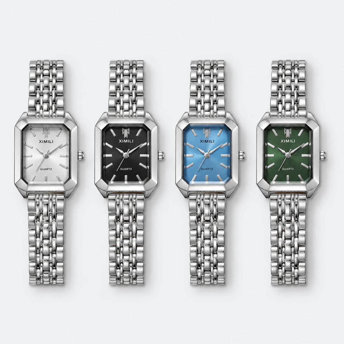 Montre Rectangulaire Femme à Cadran Vert et Bracelet Acier - Fond gris clair
