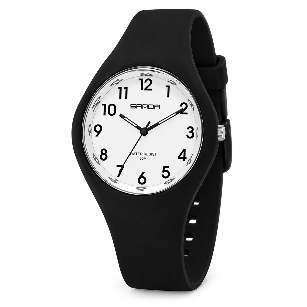 Montre Silicone Femme Cadran Blanc Chiffres Arabes - Fond blanc, autre angle
