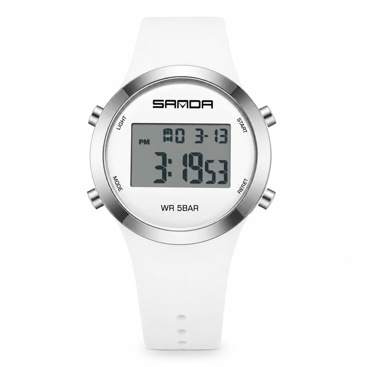 Montre Sport Digitale Femme Bracelet Silicone Blanc Lunette Argentée - Blanc et argent