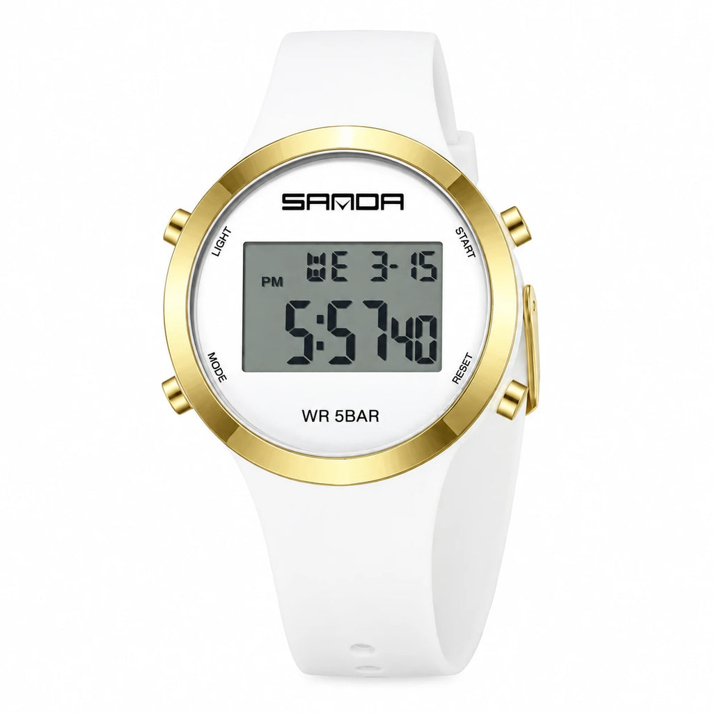 Montre Sport Digitale Femme Bracelet Silicone Blanc Lunette Argentée - Blanc et or
