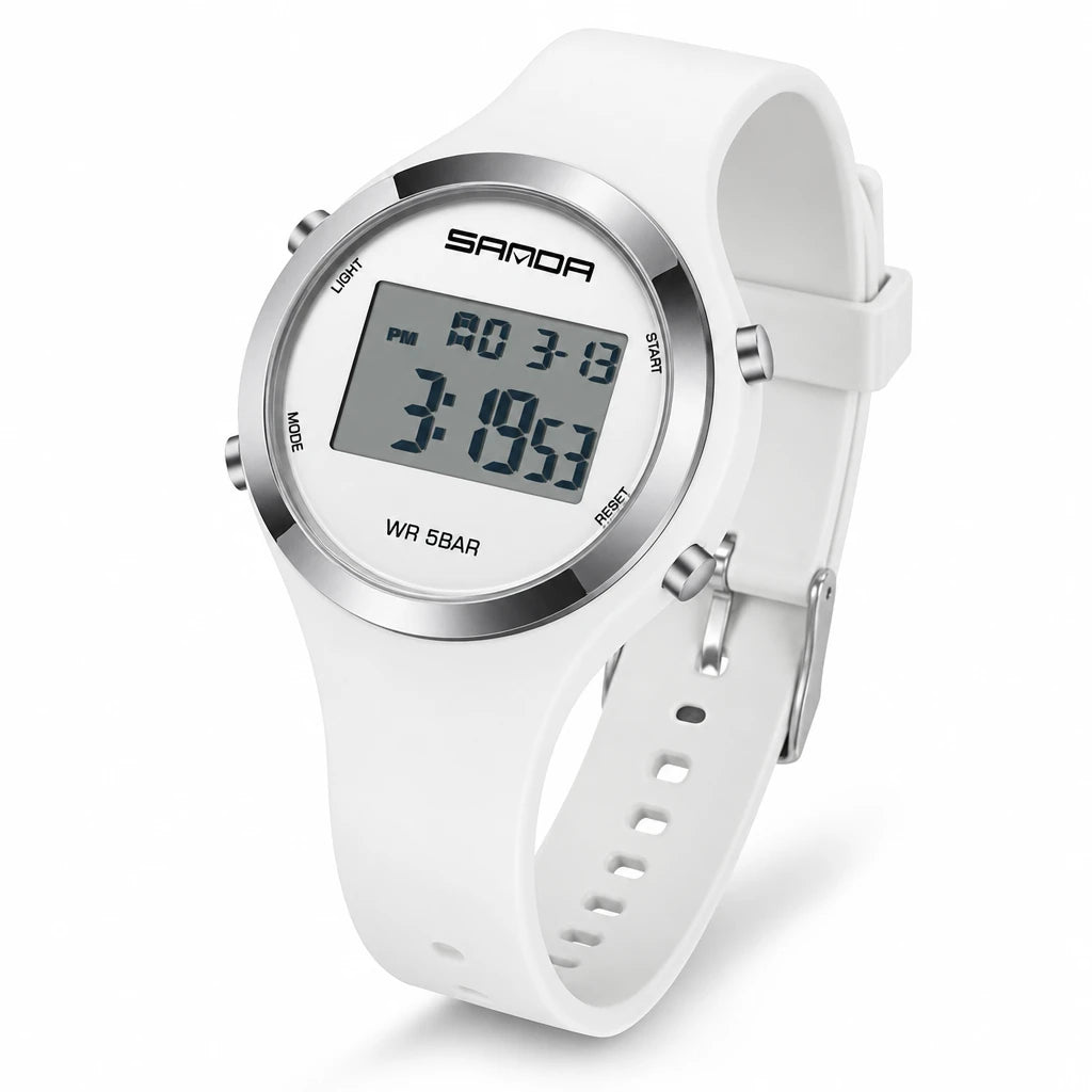 Montre Sport Digitale Femme Bracelet Silicone Blanc Lunette Argentée - Fond blanc, autre angle
