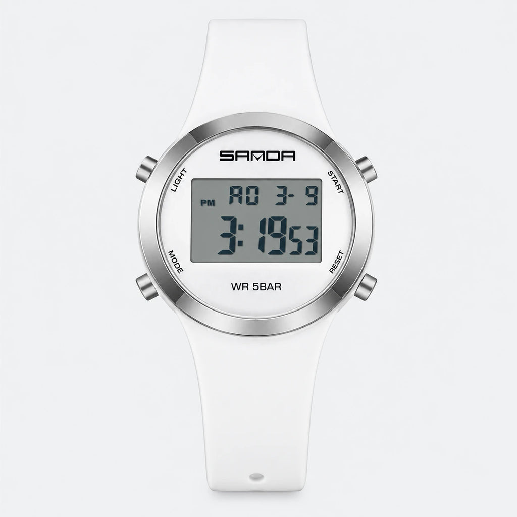 Montre Sport Digitale Femme Bracelet Silicone Blanc Lunette Argentée - Fond gris clair