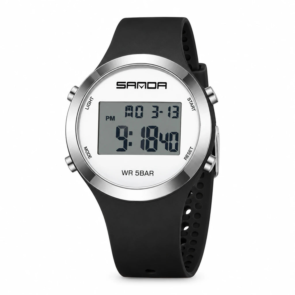 Montre Sport Digitale Femme Bracelet Silicone Blanc Lunette Argentée - Noir et argent