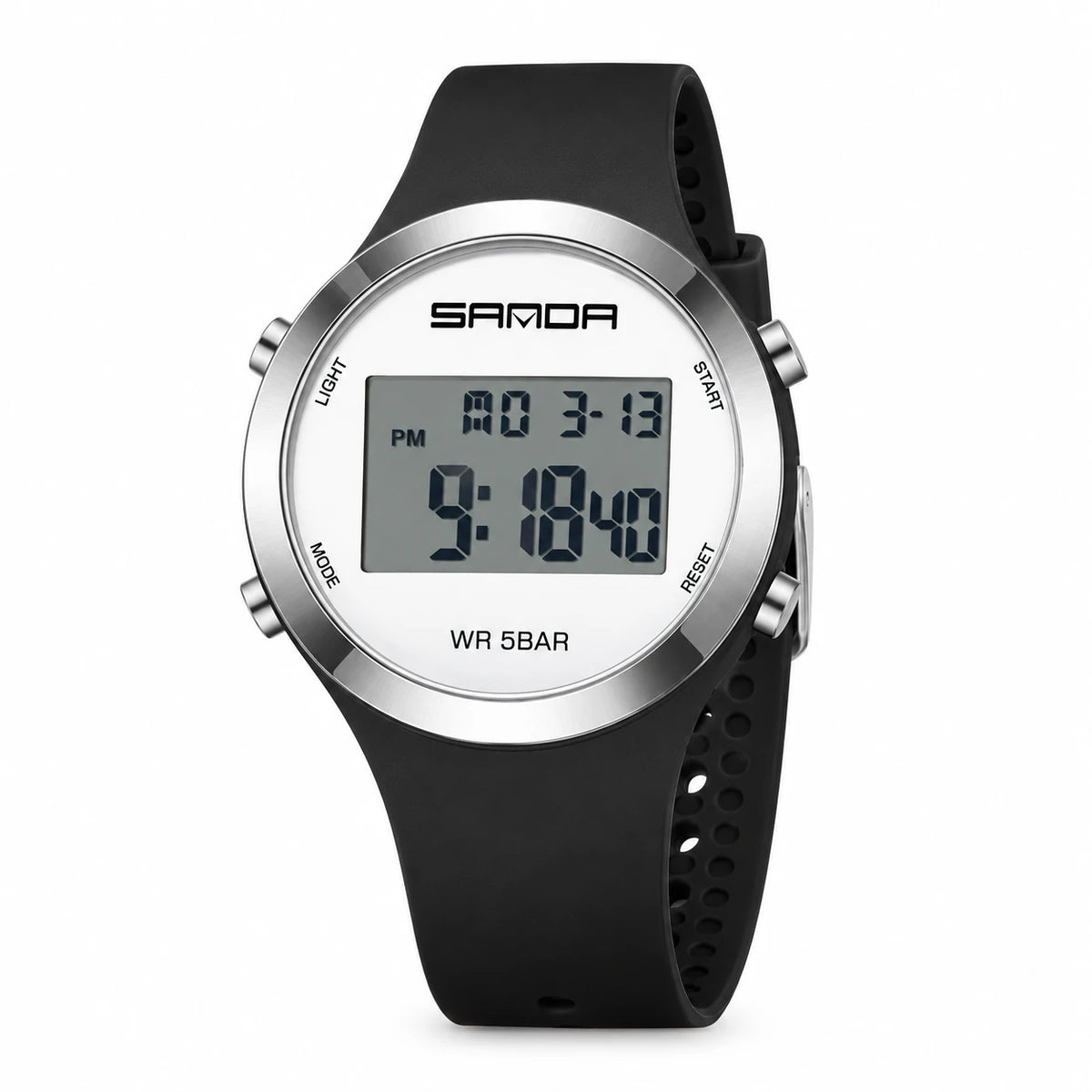Montre Sport Digitale Femme Bracelet Silicone Blanc Lunette Argentée - Noir et argent